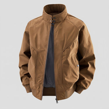 Rear view of the men's faux leather bomber jacket