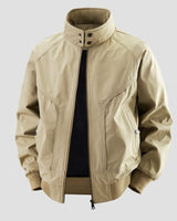 Full-length front view of the bomber jacket styled on a model