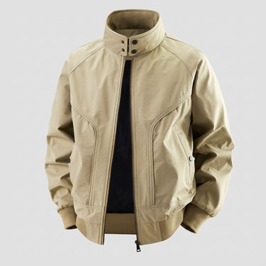 Full-length front view of the bomber jacket styled on a model