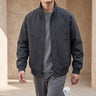 Front view of a men's faux leather bomber jacket with stand collar and zip fastening