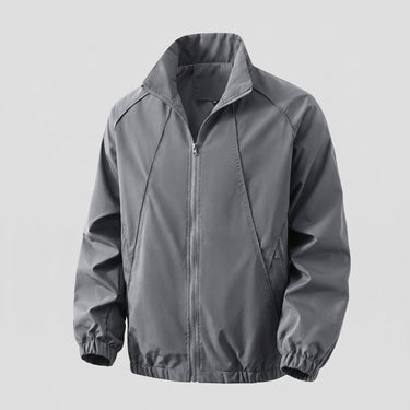 Men's baseball jacket rear view showing short length and ribbed hem