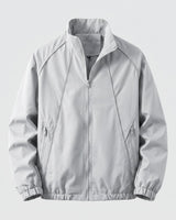 Men's short baseball jacket styled for casual urban wear, three-quarter view