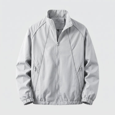 Men's short baseball jacket styled for casual urban wear, three-quarter view