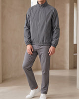 Men's short baseball jacket with ribbed collar and zip fastening, front view