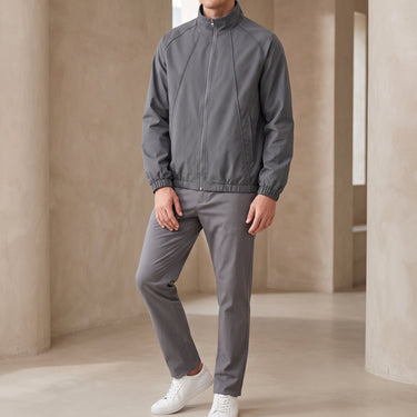 Men's short baseball jacket with ribbed collar and zip fastening, front view