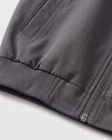 Men's bomber jacket showing structured stand collar close-up