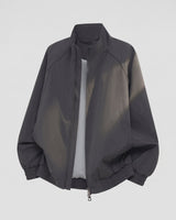 Men's bomber jacket back view showing straight hip-length cut