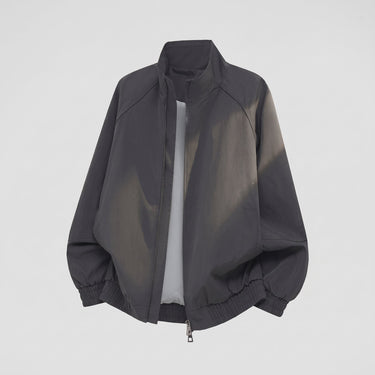 Men's bomber jacket back view showing straight hip-length cut