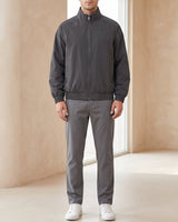 Men's bomber jacket with stand collar and zip-through front, shown from the front