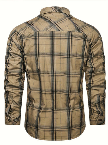 Detail shot of the buttoned cuff on the long sleeve of the check shirt