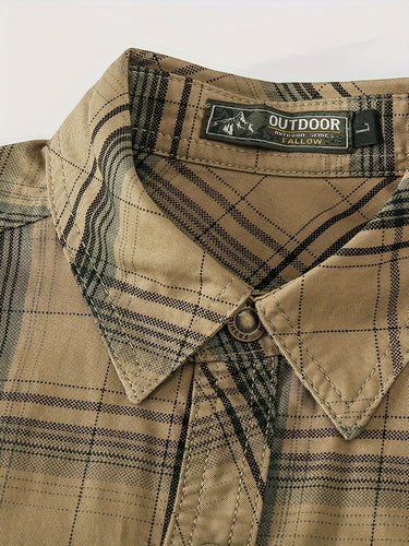 Three-quarter view of the plaid shirt showing chest pockets and button-up placket