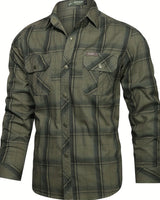 Front view of men's brushed check shirt showing two chest pockets and long sleeves