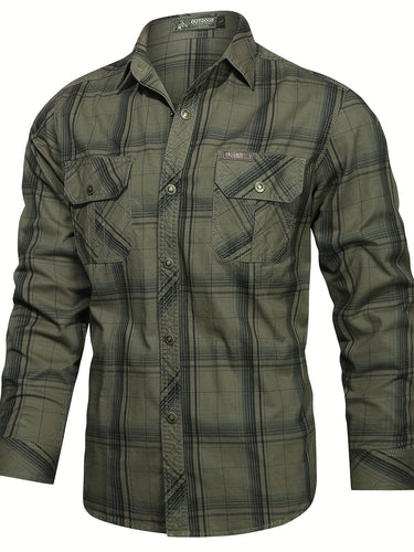 Front view of men's brushed check shirt showing two chest pockets and long sleeves