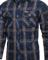 Close-up of the pointed collar and top button area of the plaid check shirt