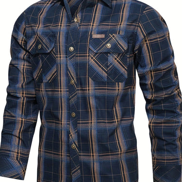 Close-up of the pointed collar and top button area of the plaid check shirt