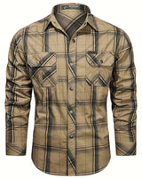 Men's plaid check shirt with pointed collar and button-up front, worn straight
