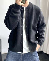 Back view of men's relaxed-fit button-through knit cardigan