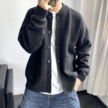 Back view of men's relaxed-fit button-through knit cardigan
