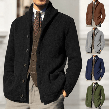 Lifestyle shot of the men's knit cardigan in an everyday casual setting