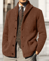 Men's cardigan worn open over a shirt, showing the knit texture and silhouette