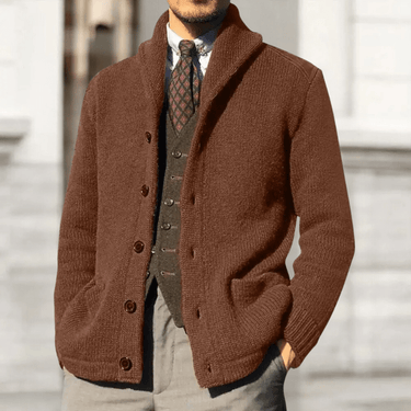 Men's cardigan worn open over a shirt, showing the knit texture and silhouette