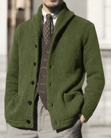 Rear view of the men's button-through cardigan showing the knit back panel