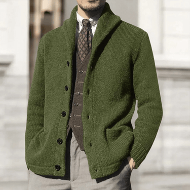 Rear view of the men's button-through cardigan showing the knit back panel