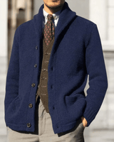 Side view of the men's cardigan showing sleeve length and overall fit