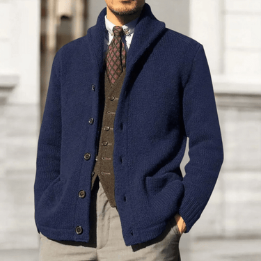 Side view of the men's cardigan showing sleeve length and overall fit