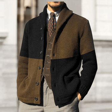 Close-up of the cuff detail on the men's long-sleeve knit cardigan