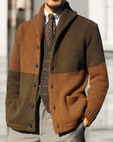Men's cardigan laid flat showing full length and button-through front