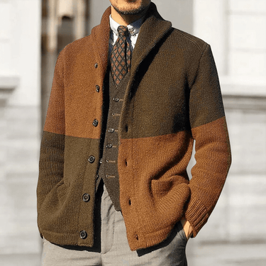 Men's cardigan laid flat showing full length and button-through front