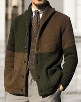 Detail shot of the organic cotton knit texture on the men's cardigan