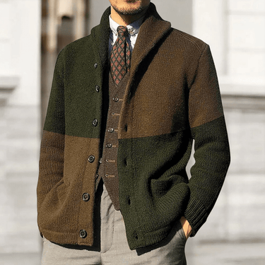 Detail shot of the organic cotton knit texture on the men's cardigan