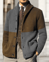Men's button-through cardigan worn buttoned up, full-length front view