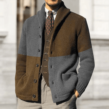 Men's button-through cardigan worn buttoned up, full-length front view