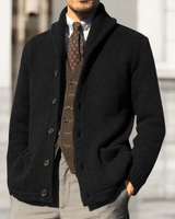 Men's button-through cardigan in organic cotton, front view showing full button placket