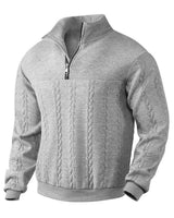 Men's cable knit jumper with quarter-zip mock neck, full front view