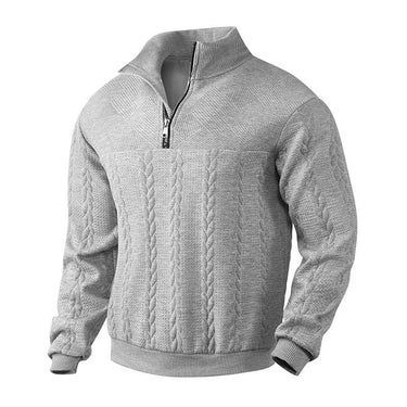 Men's cable knit jumper with quarter-zip mock neck, full front view
