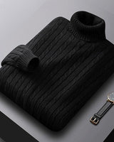 Side view of men's cable knit turtleneck jumper