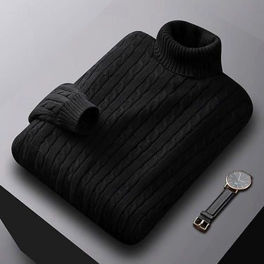 Side view of men's cable knit turtleneck jumper