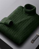 Men's cable knit turtleneck jumper, relaxed front-facing pose