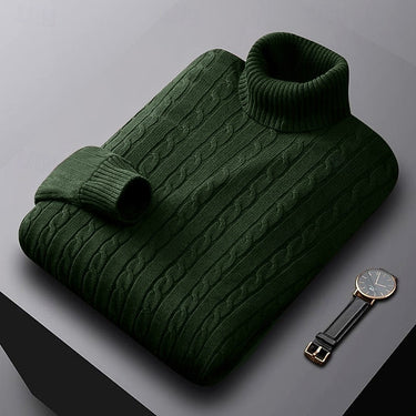 Men's cable knit turtleneck jumper, relaxed front-facing pose