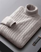 Men's cable knit jumper with high turtleneck collar, front view