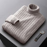 Men's cable knit jumper with high turtleneck collar, front view