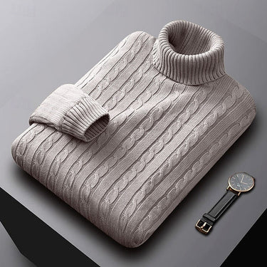 Men's cable knit jumper with high turtleneck collar, front view