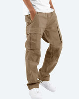 Rear view of men's cargo trousers highlighting back pockets and straight leg hem