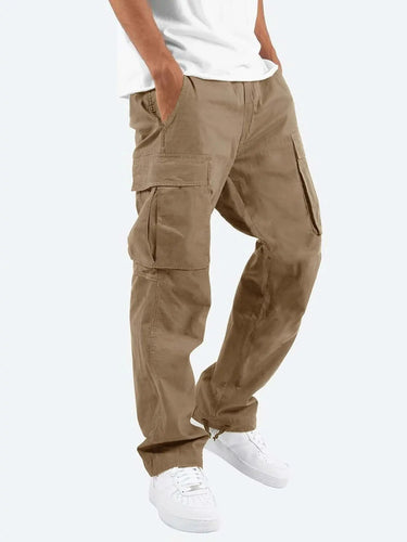 Rear view of men's cargo trousers highlighting back pockets and straight leg hem