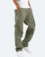 Close-up of cargo pocket stitching and waistband on men's straight leg trousers