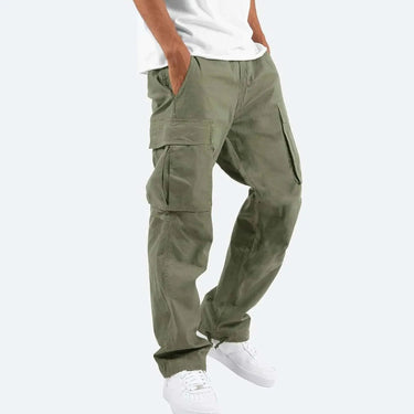 Close-up of cargo pocket stitching and waistband on men's straight leg trousers